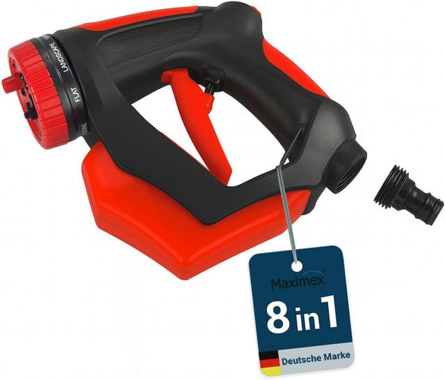 Maximex Multifunktionsbrause Gartenbrause mit Seifenreservoir 8in1, praktischer Aufsatz für den Gartenschlauch, 8 verschiedene Strahlarten