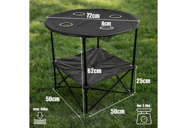 BigDean Campingtisch faltbar 4 Getränkehalter 2fache Ablage Camping Tisch Campingtisch (Packung, 1-St., Camping, Falttisch), Kompakt, Clever, 40kg Belastbarkeit