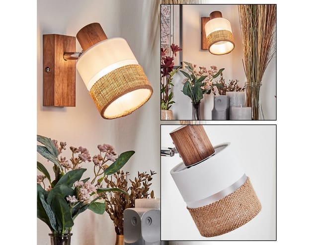 hofstein Wandleuchte Wandlampe aus Holz/Metall/Stoff/Leinen in Natur/Chrom/Weiß/Klar, ohne Leuchtmittel, verstellbare Wandleuchte im modernen Boho-Design (Schirm 9 cm), E14