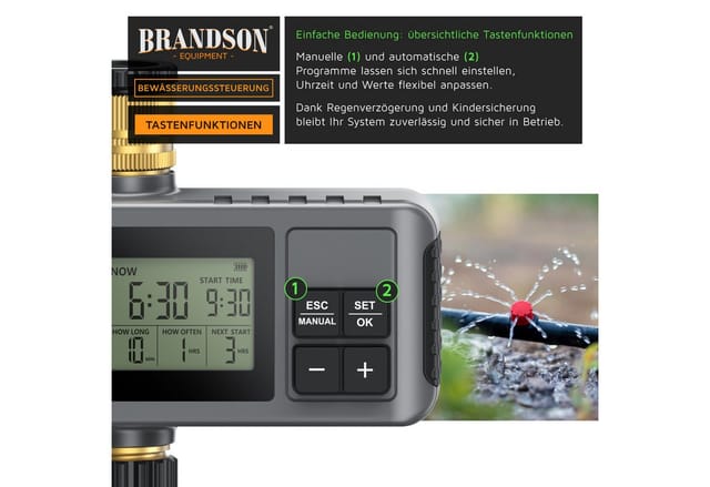 Brandson Bewässerungssteuerung digital mit Display, Bewässerungcomputer, Wasserzeitschaltuhr, Automatische Bewässerung für Balkon Terrasse Garten, IPX5
