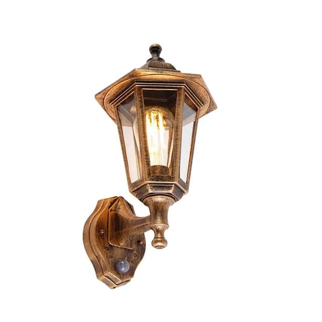 Qazqa Außen-Wandleuchte New haven, Dämmerungssensor, ohne Leuchtmittel, Warmweiß, QAZQA Sicherheits­leuchte, e27, Gold, Kunststoff, classic-antique