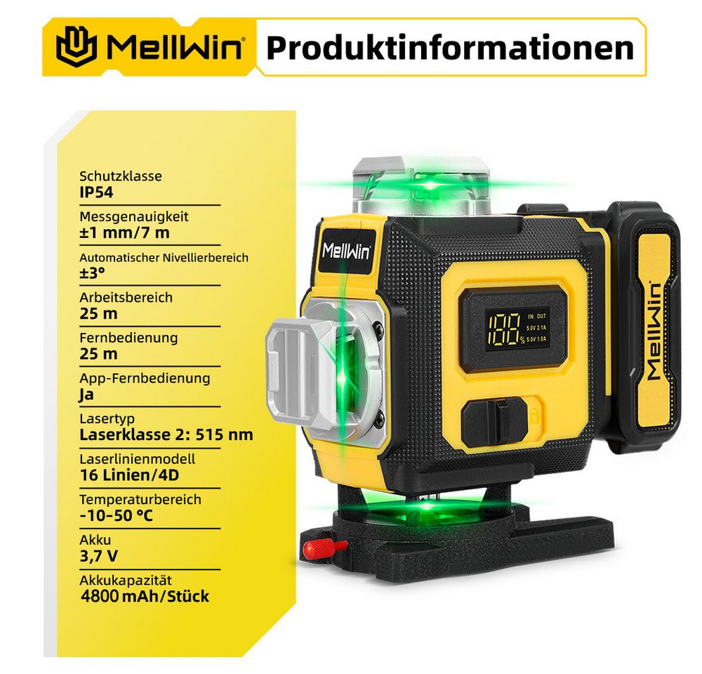 MELLWIN Kreuzlinienlaser 16 Linien Nivellierlaser 4 x 360 ° Laser Wasserwaage mit 2x Batterie, Laserwasserwaage für Innenbau, Fliesen & Holz Bild 4