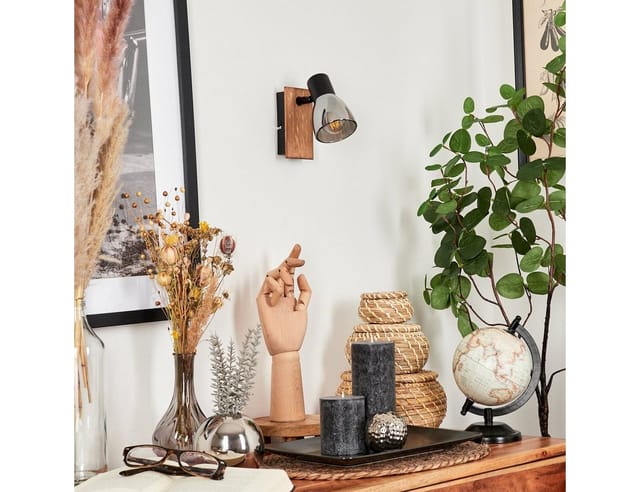 hofstein Wandleuchte »Buscoldo« Wandlampe aus Metall/Holz/Glas in Schwarz/Natur/Rauchfarben, ohne Leuchtmittel, Retro/Vintage Leuchte mit Schirm aus Rauchglas (7cm), 1xE14