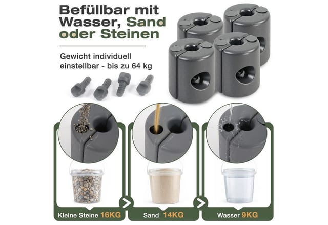 Sekey Beschwerungsgewicht Pavillonstandfüße 4er Set Pavillon Gewichte Belastung bis zu 64 kg, Partys, Pavillons, Gartenzelte, Pavillon-Standfuß, flexibel befüllbar: Sand, Steine oder Wasser