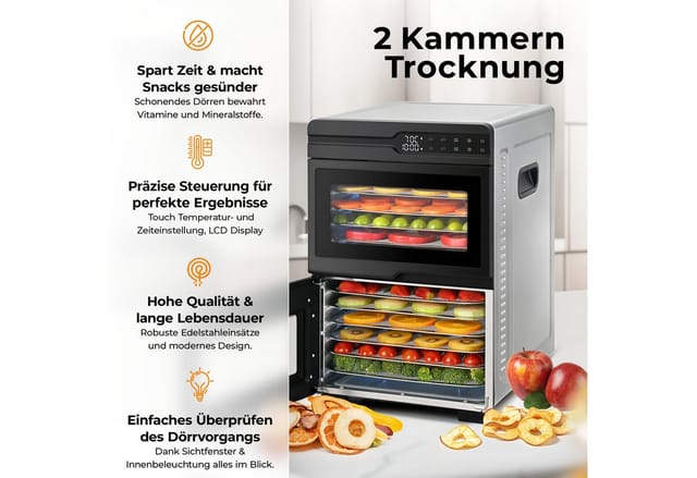 Balter Dörrautomat Edelstahl mit 2 Kammern & 12 Etagen, 1000 W, 8800 cm² Dörrfläche 1000 W, 12 Etagen