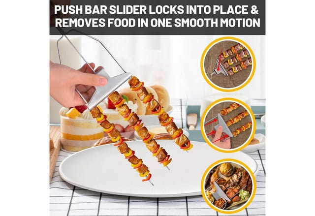 LA CUTE Grillspieß Edelstahl Grillspieße 3-fach mit Schiebemechanismus für sicheres BBQ (Grillspieß-Set mit innovativem 3-fach-Design für einfaches und gleichmäßiges Grillen, Wiederverwendbare Edelstahl-Brochetten Griff Schiebemechanismus), Robuste Edelstahl-Brochetten 3-fach-Spießen gleichmäßiges Grillen