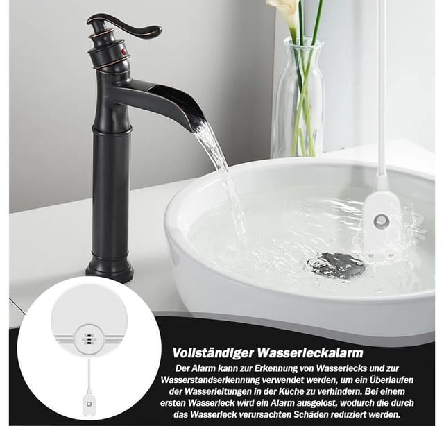 TUWENA Wassersensor Wassermelder Wasseralarm, 135dB Wasser Sensor Alarm Wasserwarner, für Keller, Badezimmer, Waschküche, Küchen, Garagen, und Dachböden