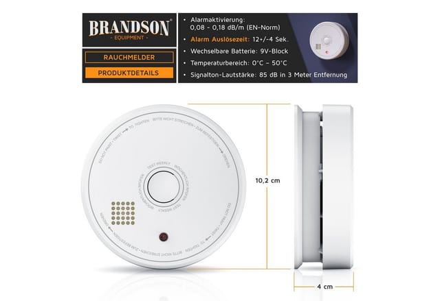 Brandson mit austauschbarer 9V Blockbatterie, EN 14604 geprüft, 85 db Alarmton Rauchmelder (Sensor Fotoelektrisch, Batteriewarnung, inkl. Montagematerial, LED rot)