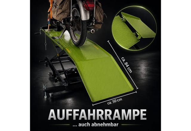 TRUTZHOLM Hydraulikheber Motorradhebebühne hydraulisch 360 kg Breite 50 cm Motorradheber klein, Platzsparende Aufbewahrung, mobil, abnehmbare Auffahrrampe