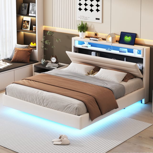 Polsterbett 160×200 Cm, Doppelbett Mit Usb Steckdose, Led Beleuchtung Und Wendbares Kopfteil, Ohne Matratze, Beige