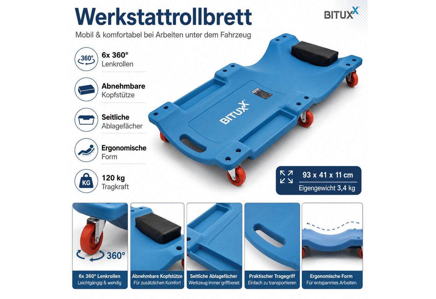 Werkstatt-rollbrett Werkstattliege Auto Montageliege Montagerollbrett - Bituxx