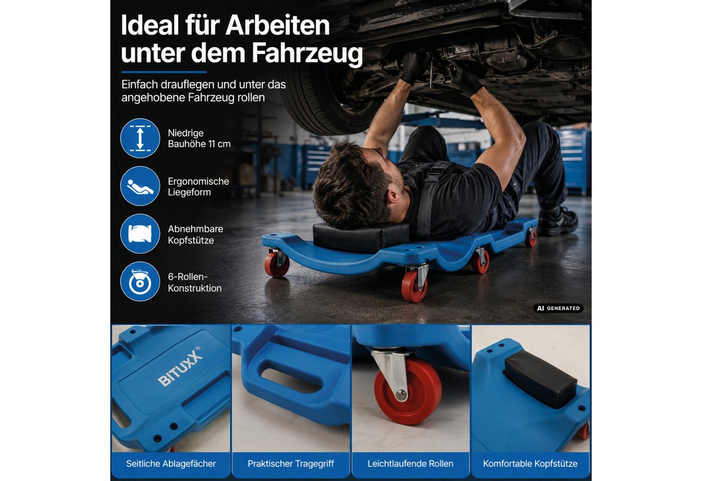 Werkstatt-rollbrett Werkstattliege Auto Montageliege Montagerollbrett - Bituxx Bild 5