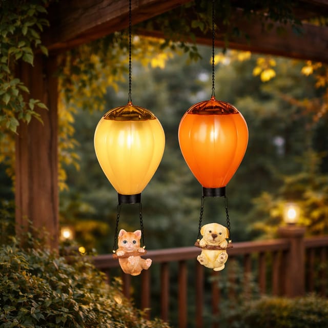 Solarleuchte Hängelampe Led Heißluftballon Balkonleuchte Hund Katze Mehrfarbig, Metall Kunststoff, Led Warmweiß, Lxbxh 12x12x49 Cm, 2er Set