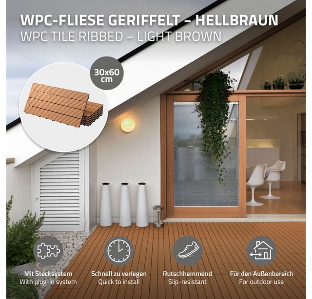 Ecd Germany Wpc Terrassenfliesen 60x30 Cm/24 Stück=4m², Hellbraun, Geriffelt, Holzoptik, Bodenbelag Mit Klicksystem Und Drainage, Terrassendielen Balkonfliesen, Klickfliesen Für Terrasse Garten Balkon