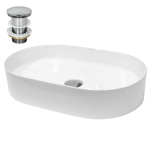 ECD Germany Waschbecken 605x380x125 mm Keramik Oval Ablaufgarnitur ohne Überlauf