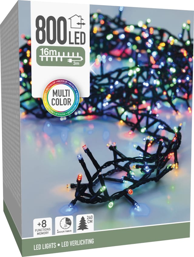 LED-Clusterlichterkette bunt, 800 LEDs, Grünes Kabel, Innen/Außen, 19m
