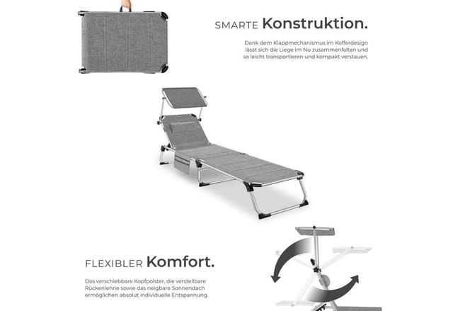 tectake® Aluminium Sonnenliege, gepolstert, klappbar, 6-fach verstellbare Rückenlehne mit Kopfpolster, 200 x 60,5 x 34 cm, mit Seitentasche