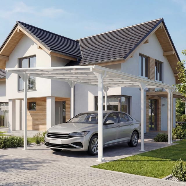 Alu-Carport MCW-O23, Autoüberdachung Garage Unterstand, 10cm-Gestell Polycarbonat-Dach Regenrinne, 3x6m ~ weiß