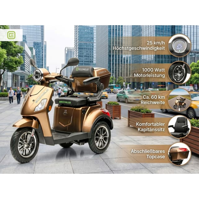 Econelo E-Seniorenmobil Yogi-IQ, Blei-Akku, 3-Rad, 1000 Watt, Braun