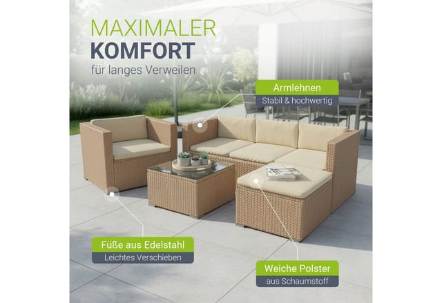 Juskys Polyrattan Lounge Punta Cana L – Sitzgruppe Für 4-5 Personen – Creme – Gartenmöbel Set / Gartenlounge Mit Sofa, Sessel, Tisch & Hocker