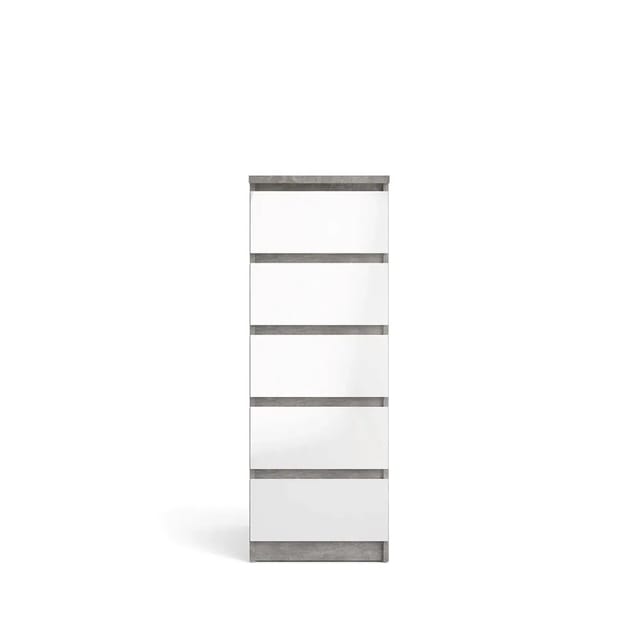 Hellin - Nada Kommode Hoch Und Schmal Mit 5 Schubladen, Beton Dekor,weiss Hochglanz.