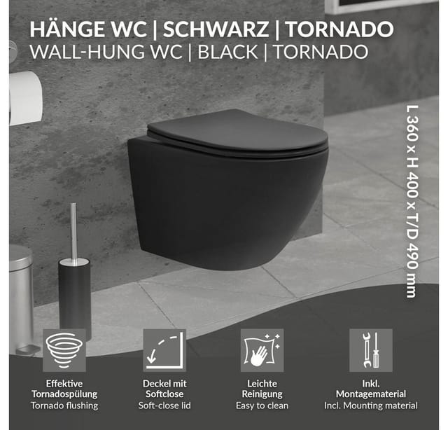 Wand Wc Spülrandlos Schwarz Matt Kurz 49cm, Tornadospülung, Tiefspüler Keramik Hänge Wc, Toilette Ohne Spülrand, Softclose-klodeckel Abnehmbar, Kloschüssel Hängend Mit Wc-sitz Absenkautomatik - Luxebath
