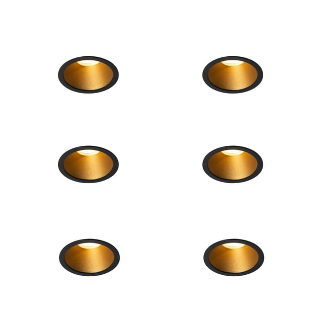 Set Van 6 Moderne Inbouwspots Zwart Met Goud Gu10 35mm Ip44 - Dept