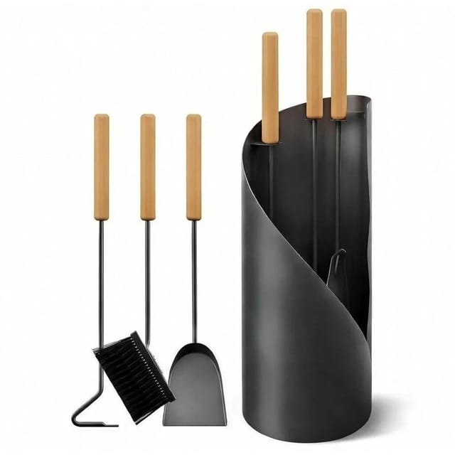BLACK OAK Kaminbesteck VAIL 4-Teilig – Schlankes Kaminwerkzeug-Set aus Stahl Pulverbeschichtet mit Ständer für Kaminofen