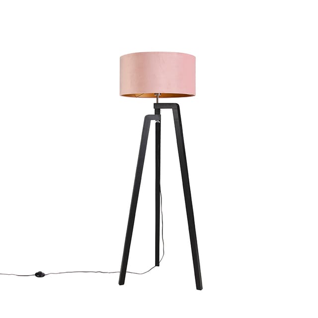 QAZQA Stehlampe Stativ Schwarz mit Rosa Schirm und Gold 50 cm Puros