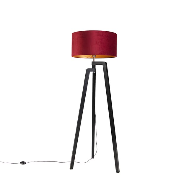 QAZQA Stehlampe Stativ Schwarz mit Rotem Schirm und Gold 50 cm Puros