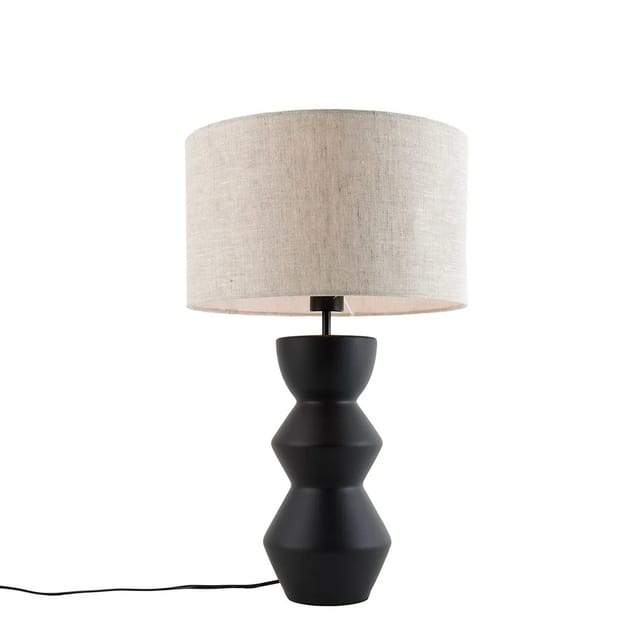 QAZQA Design Tischleuchte Schwarz Stoffschirm Hellgrau 35 cm Alisia