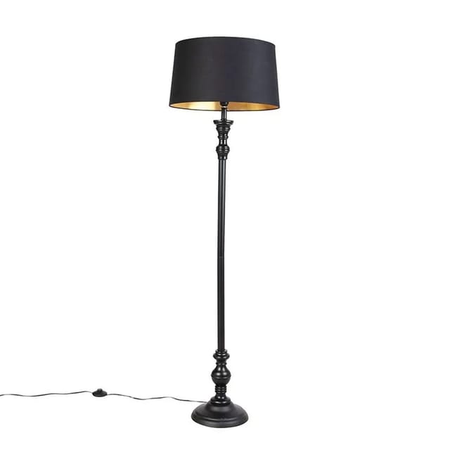QAZQA Stehlampe mit Baumwollschirm Schwarz mit Gold 45 cm Classico