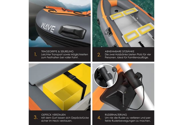 KESSER® Schlauchboot für 2 - 4 Personen - WAVE Motor geeignet Freizeitboot Paddelboot Motorboot Angelboot - mit 1 - 2 Sitzbänken - Alu-Boden Paddel Pumpe Reparaturset & Tasche aufblasbar PVC
