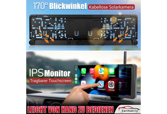 CARMATRIX Solar Rückfahrsystem PDC Einparksensoren mit Android Auto und Apple CarPlay