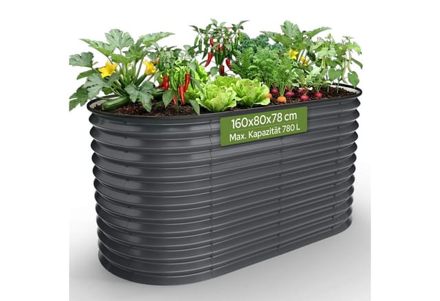 Arebos Hochbeet Metall Oval 160x80x78cm Gartenbeet für Gemüse, Kräuter & Blumen 780L (Witterungs- & UV-beständig, Rostresistenter verzinkter Stahl, Kantenschutz aus Gummi)