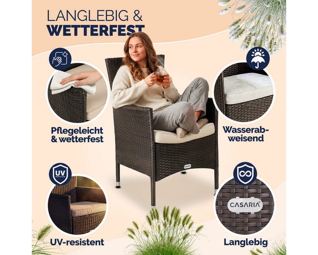 Casaria Gartenstuhl (2 St), Polyrattan 2er Set Stapelbar 7cm Auflagen 160kg Belastbarkeit