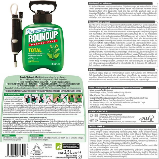ROUNDUP Unkrautbekämpfungsmittel Unkrautfrei Total mit Drucksprühsystem - 2,5 Liter, 2500 ml