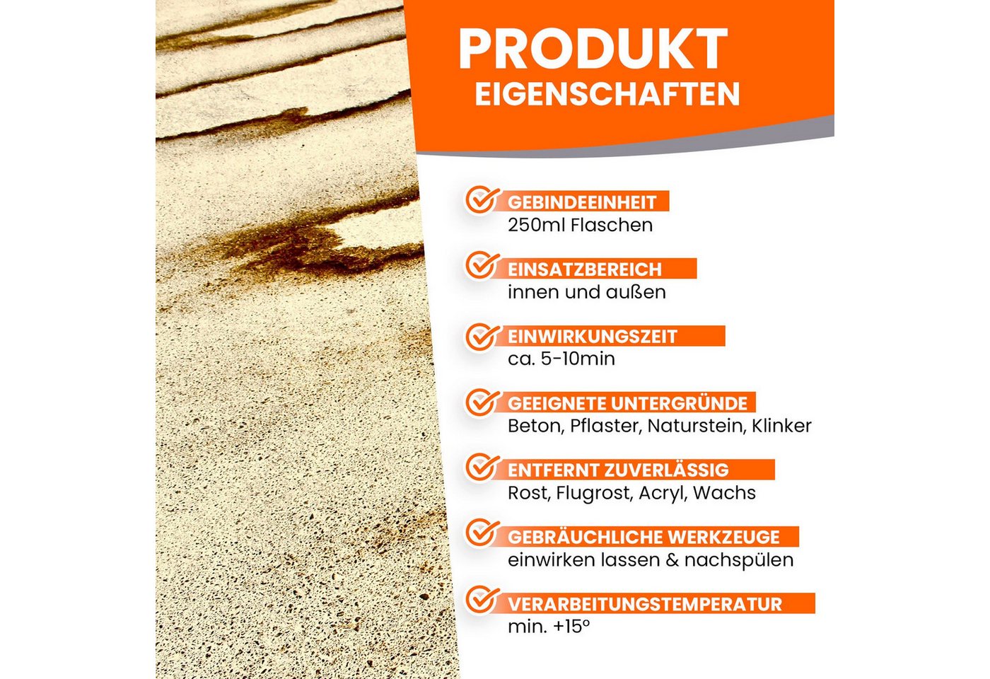 BEKATEQ Holzlack LS-565 Rostflecken Entferner für Stein & Beton inkl. Bürste, wirkt selbsttätig Flugrost Acryl Wachs