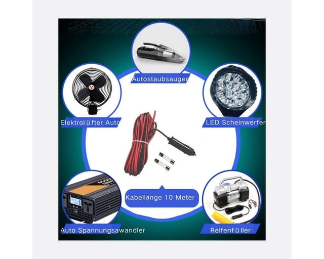 Bolwins D73C 5m 240W 12V/24V KFZ Auto Zigarettenanzünder Anzünder Stromkabel Netzkabel, KFZ Zigarettenanzünder-Stecker (12V/24V), Offene Kabelenden (rot + / schwarz) (500 cm), Mit Sicherung, hohe Belastbarkeit bis 240W, lange Kabellänge