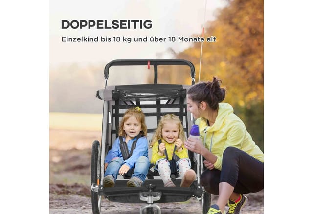 HOMCOM Fahrradkinderanhänger 2 in 1, klappbar, mit abnehmbarem Vorderrad, Hinterradbremsen, für 2 Kinder ab 18 Monate, bis 26,4 kg belastbar, Grau