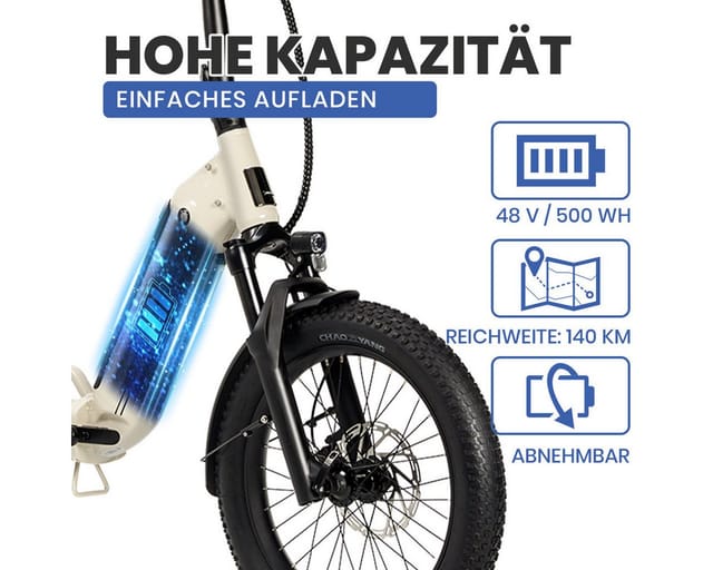 DERUIZ E-Bike Klapprad 20x3,0 Zoll, max. 140km, Federsattelstütze, mit Bluetooth, 5 Stufen, 8 Gang SHIMANO SHIMANO ALTUS 11-32T Schaltwerk, Kettenschaltung, Heckmotor, 500 Wh, (mit Akku-Ladegerät, mit Werkzeug), RH:36cm, Bremslicht, Gepäckträger (max.50kg), hydraulische Bremsen