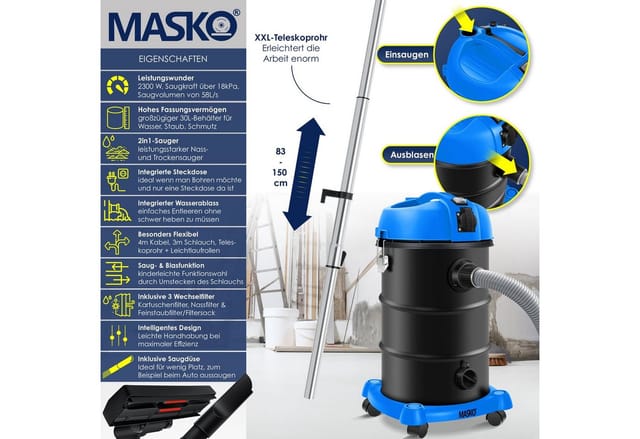 MASKO Industriesauger, 2300 W, 6IN1 Industriestaubsauger Staubsauger Nass Trocken Sauger