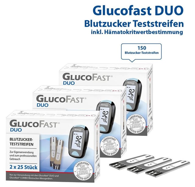 GLUCOFAST Blutzucker-Teststreifen DUO, 150 Diabetes Teststreifen, 150-tlg., Für das Glucofast DUO Blutzucker Messgerät