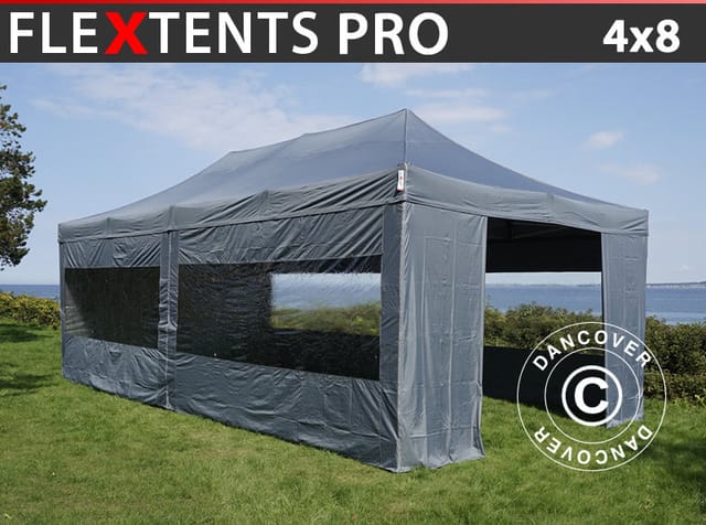Faltzelt Faltpavillon Wasserdicht Flextents Pro 4x8m Grau, Mit 6