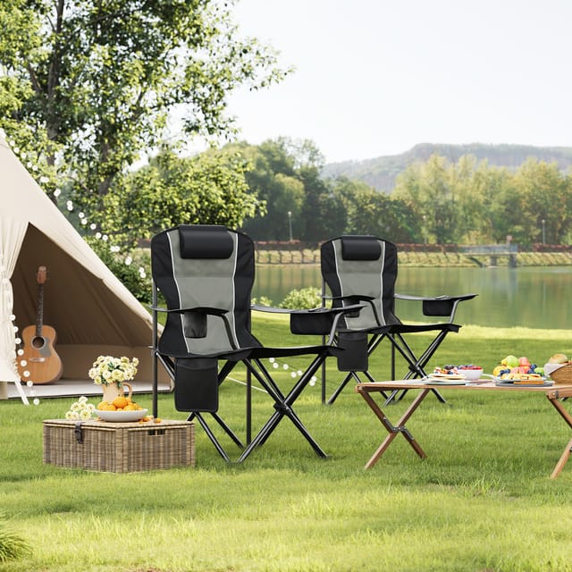 Woltu Campingstuhl Klappstuhl Mit Hochlehner Kühltasche Getränkehalter Seitentasche Anglerstuhl Bis 150 Kg Belastbar, Für Camping Angeln Strand, Schwarz+dunkelgrau