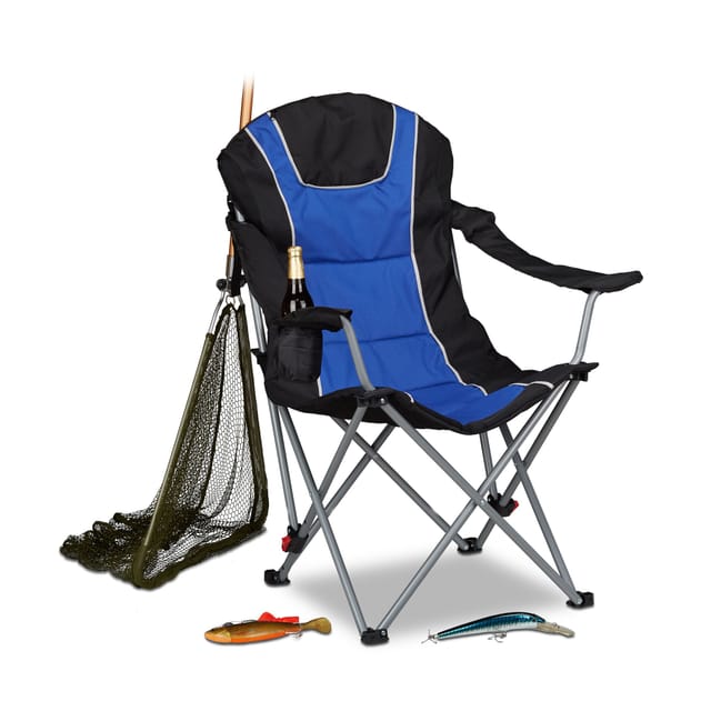 Campingstuhl Faltbar, Gepolsterte Lehne Verstellbar, Anglerstuhl Klappbar, Hxbxt: 108x90x72 Cm, Blau-schwarz - Relaxdays