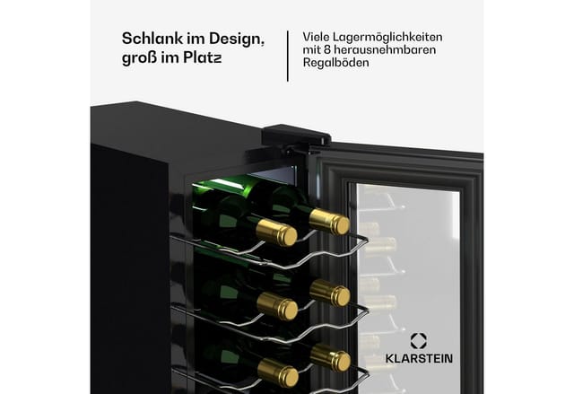 Klarstein - Weinkühlschrank,1 Zone Getränkekühlschrank Mit Glastür, Leiser Indoor/outdoor Kühlschrank, 50l Flaschenkühlschrank Klein, Weinschrank Für Getränke, Weinkühler Für 18 Flaschen