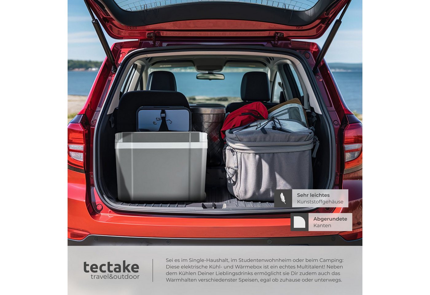 tectake® Elektrische Kühl- und Wärmebox, 35 l Fassungsvermögen, robustes Kunststoffgehäuse, mit Rollen, Steckdosen- und Autoanschluss