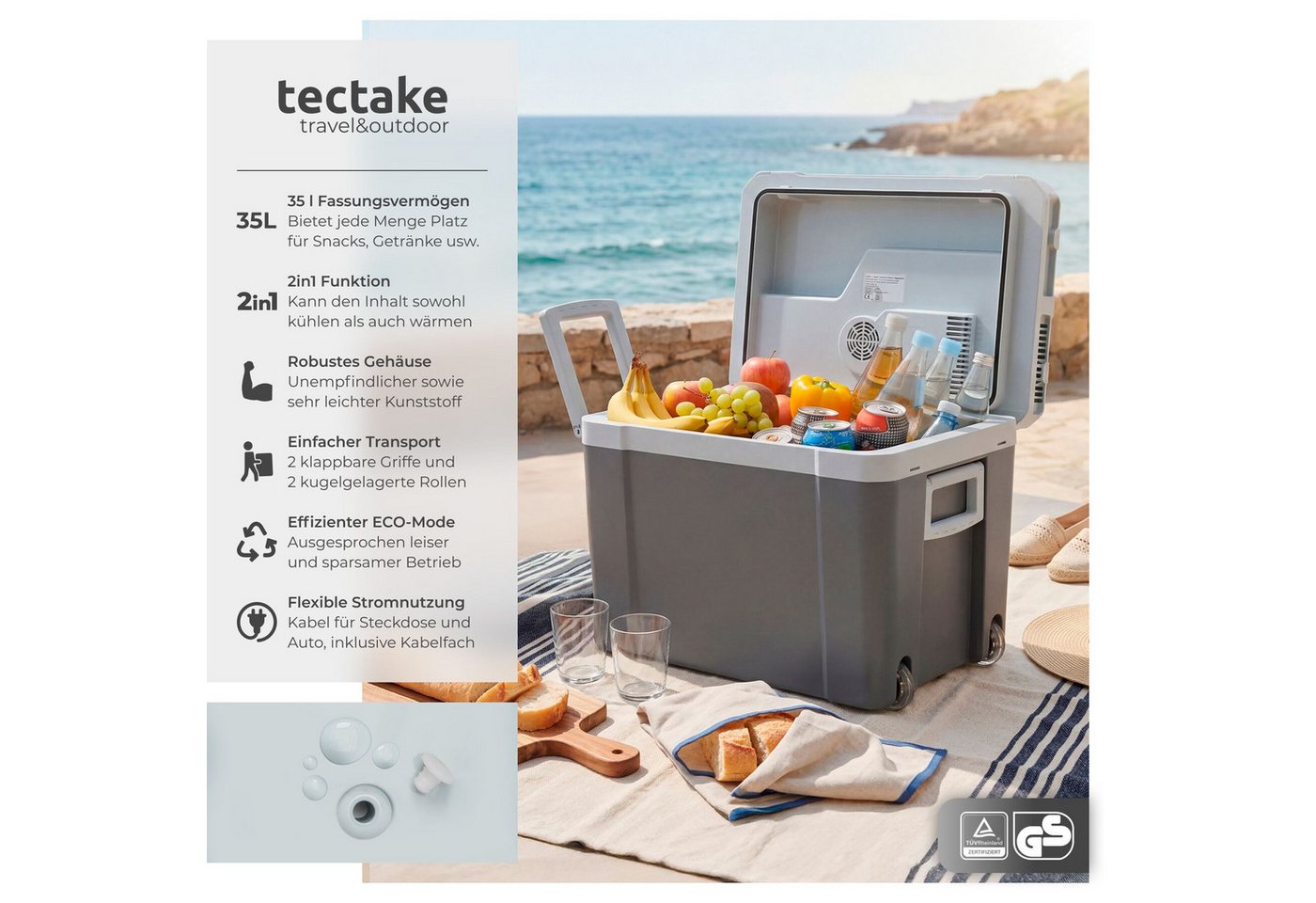 tectake® Elektrische Kühl- und Wärmebox, 35 l Fassungsvermögen, robustes Kunststoffgehäuse, mit Rollen, Steckdosen- und Autoanschluss Bild 2