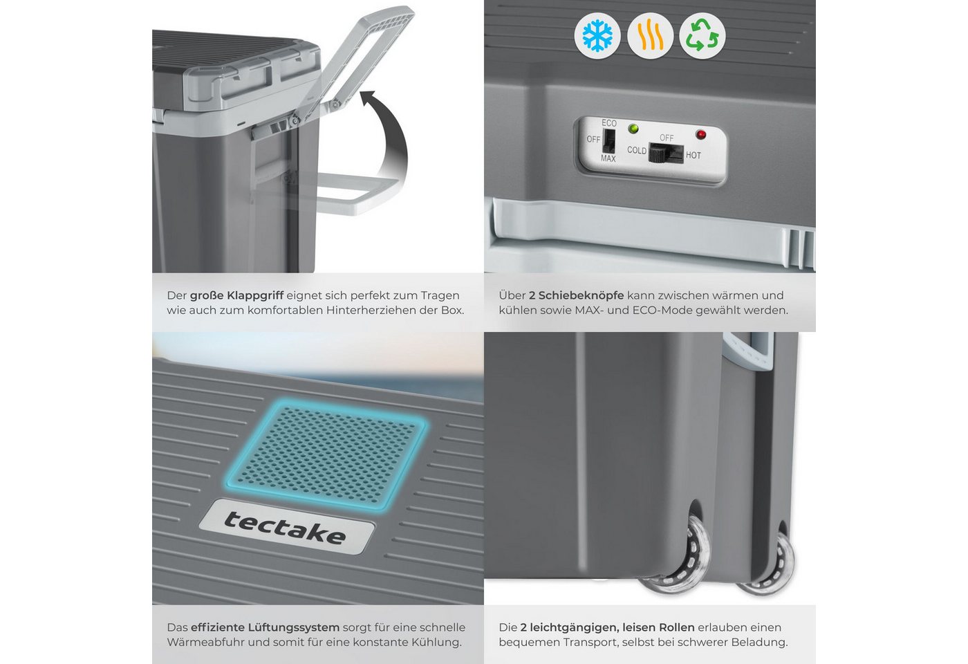 tectake® Elektrische Kühl- und Wärmebox, 35 l Fassungsvermögen, robustes Kunststoffgehäuse, mit Rollen, Steckdosen- und Autoanschluss Bild 3